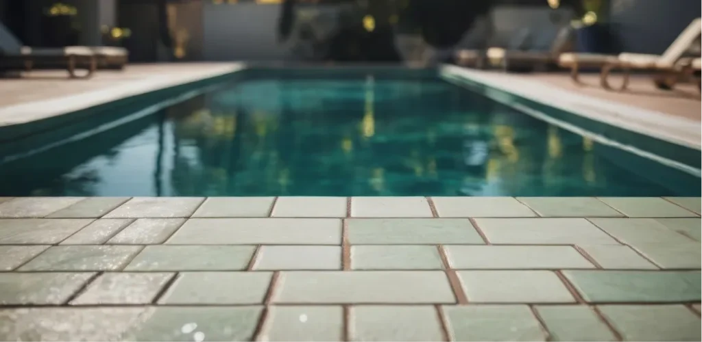 Close-up ground-level view of light green rectangular subway tiles lining the pool deck coping, with a calm, dark turquoise swimming pool and lounge chairs blurred in the background. Close-up ground-level view of light green rectangular subway tiles lining the pool deck coping, with a calm, dark turquoise swimming pool and lounge chairs blurred in the background.