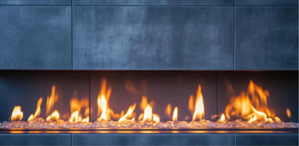 Linear gas fireplace with vibrant orange flames rising from clear glass crystals below dark gray porcelain tile cladding. Linear gas fireplace with vibrant orange flames rising from clear glass crystals below dark gray porcelain tile cladding.