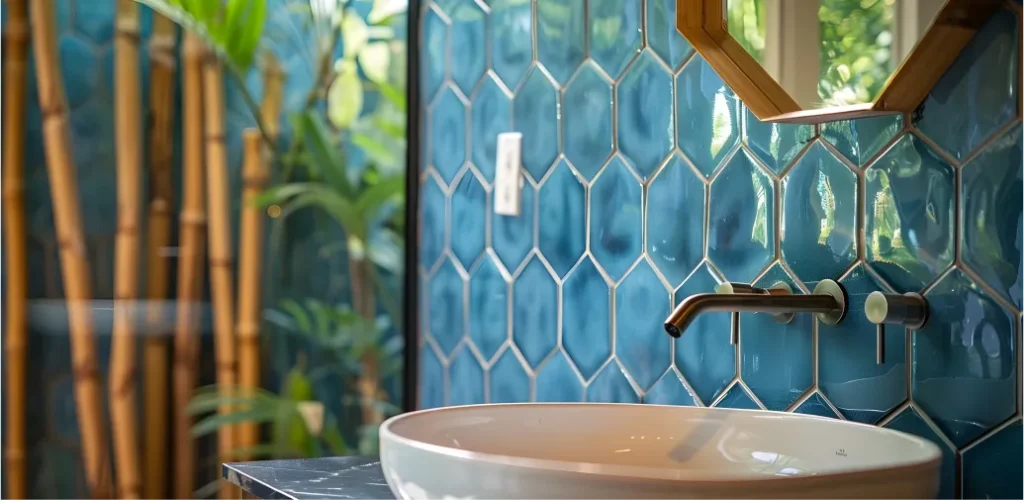 Modern bathroom sink with a brass wall-mounted faucet against a glossy blue picket tile wall. Modern bathroom sink with a brass wall-mounted faucet against a glossy blue picket tile wall.
