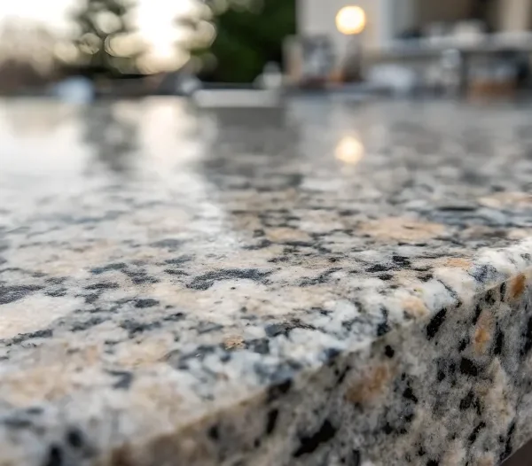 Close-up view of a polished granite countertop with grey, beige, and black speckles.