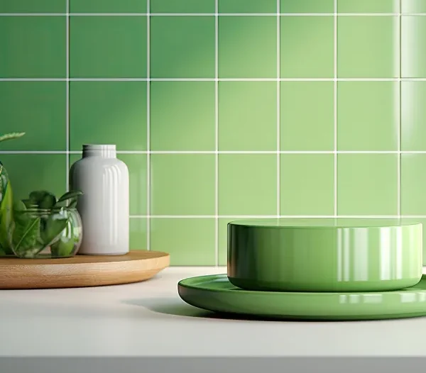 A green podium display resting on a white countertop against a green square-tiled wall backdrop.