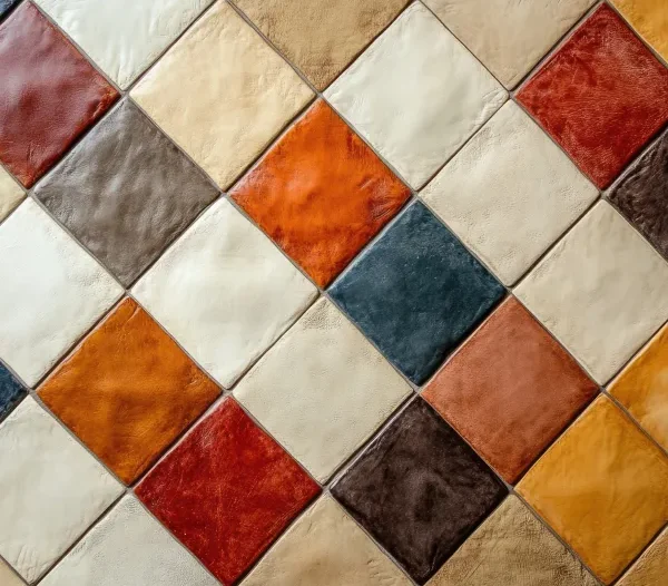 Grid layout of square leather tiles in mixed terracotta, beige, orange, dark blue, and brown shades.
