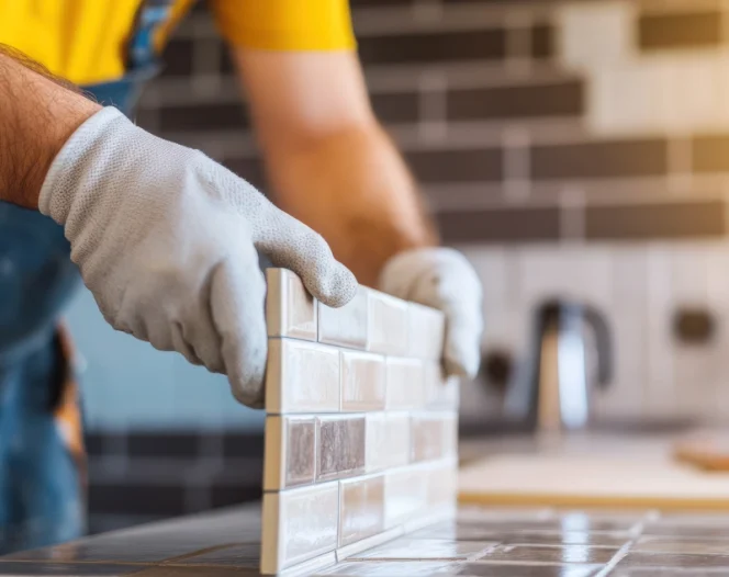 A worker wearing white protective gloves placing a beige tile backsplash section onto a kitchen countertop
